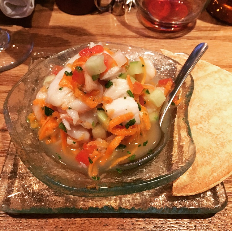 Ceviche Estilo Puerto Vallarta | lime-marinated white fish, shrimp, cucumber, carrots, pico de gallo, red onion, cumin, black pepper, serrano chile, cilantro, lime 